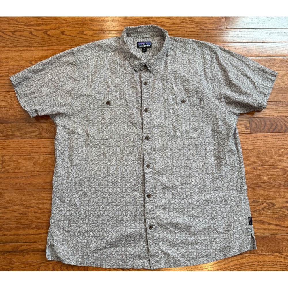 Patagonia Back Step Button Down Shirt Mens 2XL Grey Geometric Hemp Blend Pockets